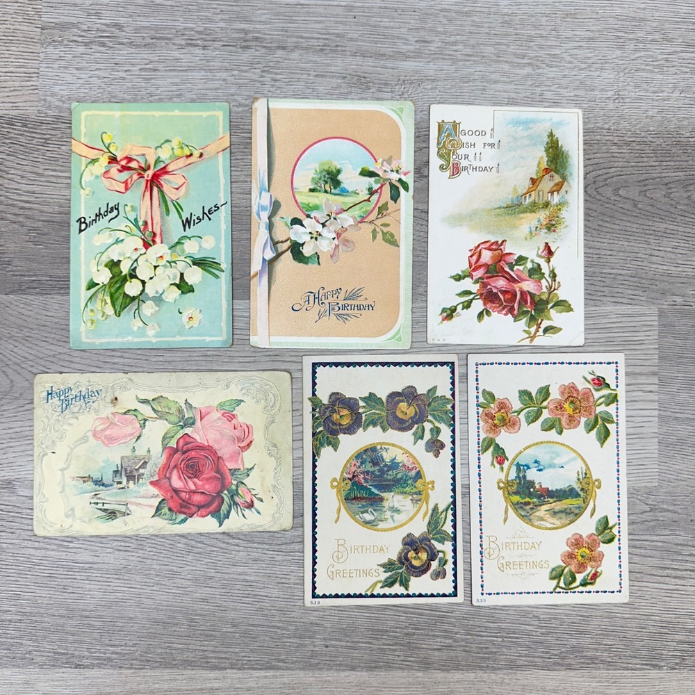 Vintage Birthday Postcard Lot of 6 Multicolor Antique 1910s Embossed Floral